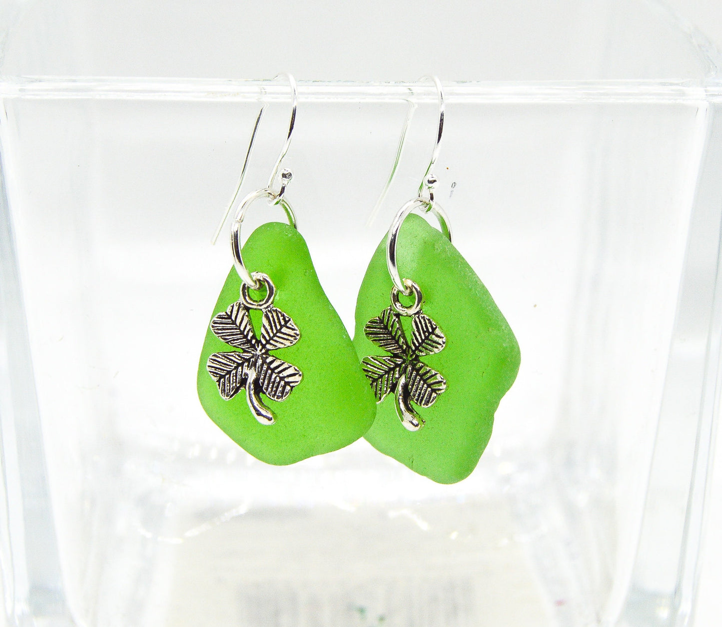 Genuine Sea Glass/Green Sea Glass Earrings/Sea Glass and Sterling Silver Earrings/Shamrock Earrings/Gift for Her/Nautical Earrings