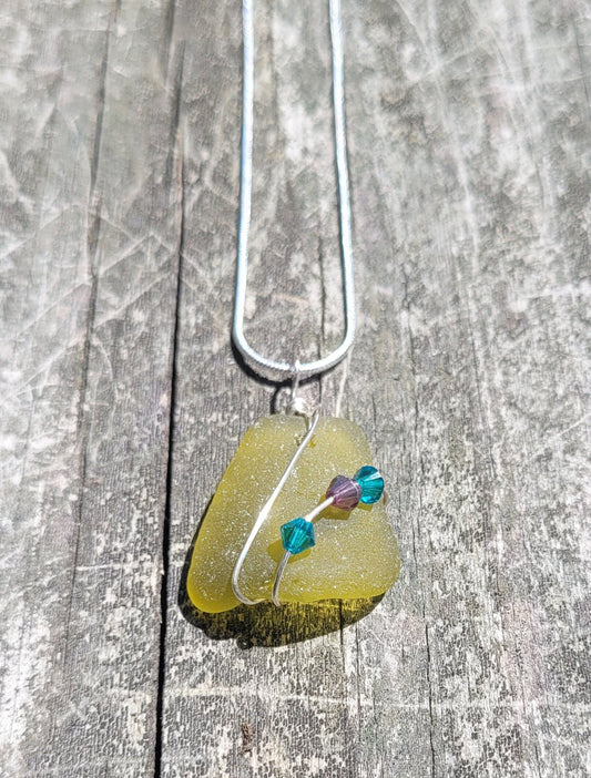 Genuine Sea Glass Necklace/Sea Glass Necklace/Swarovski Crystals Sea Glass Pendant/Coastal Jewelry/Nautical Pendant/Sea Glass Jewelry/56