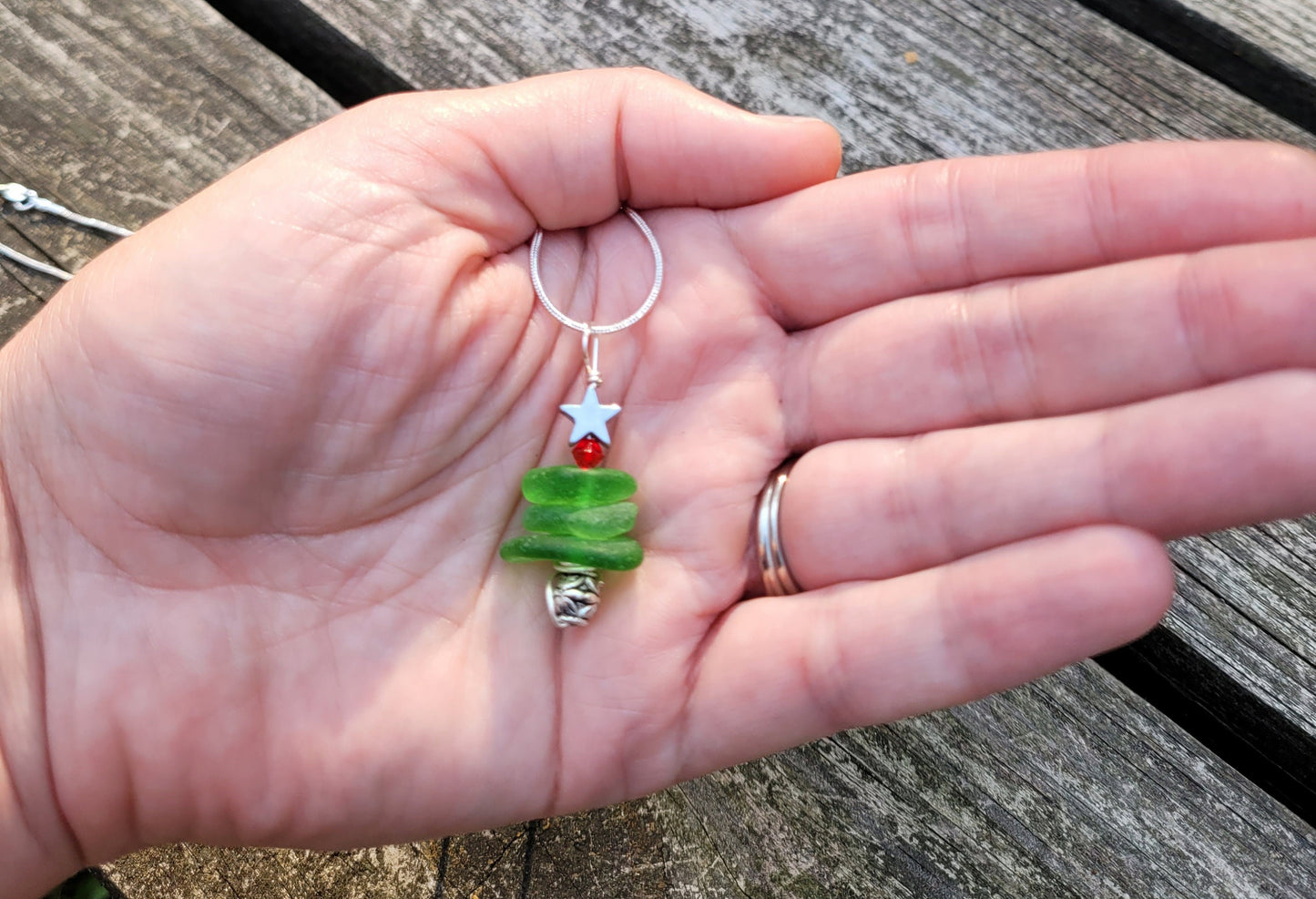 Genuine Sea Glass/Sea Glass Jewelry/Sea Glass Christmas Tree/Christmas Tree Pendant and Earrings/Holiday Jewelry/Christmas Necklace