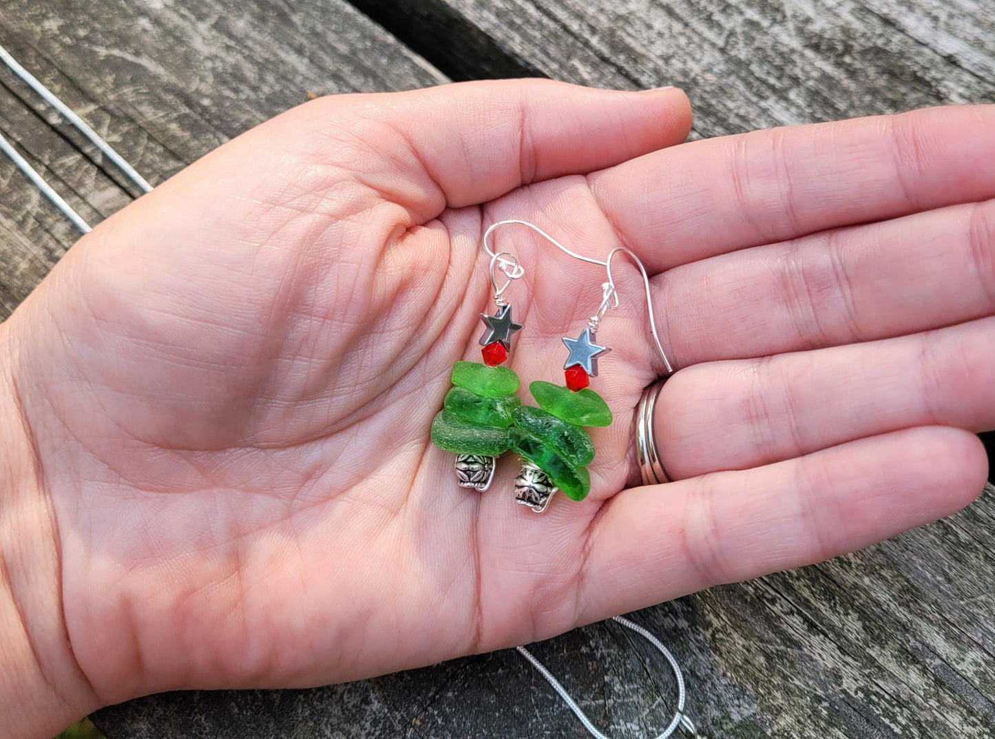 Genuine Sea Glass/Sea Glass Jewelry/Sea Glass Christmas Tree/Christmas Tree Pendant and Earrings/Holiday Jewelry/Christmas Necklace