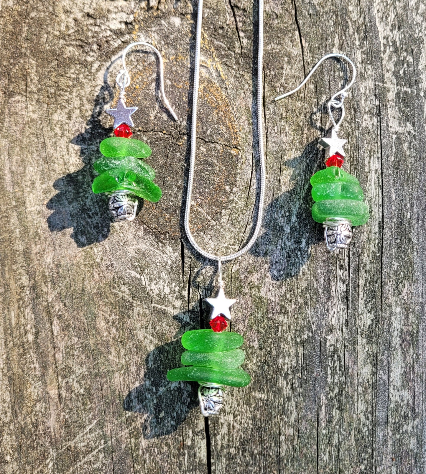 Genuine Sea Glass/Sea Glass Jewelry/Sea Glass Christmas Tree/Christmas Tree Pendant and Earrings/Holiday Jewelry/Christmas Necklace