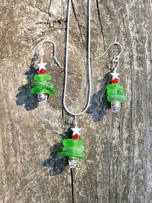 Genuine Sea Glass/Sea Glass Jewelry/Sea Glass Christmas Tree/Christmas Tree Pendant and Earrings/Holiday Jewelry/Christmas Necklace