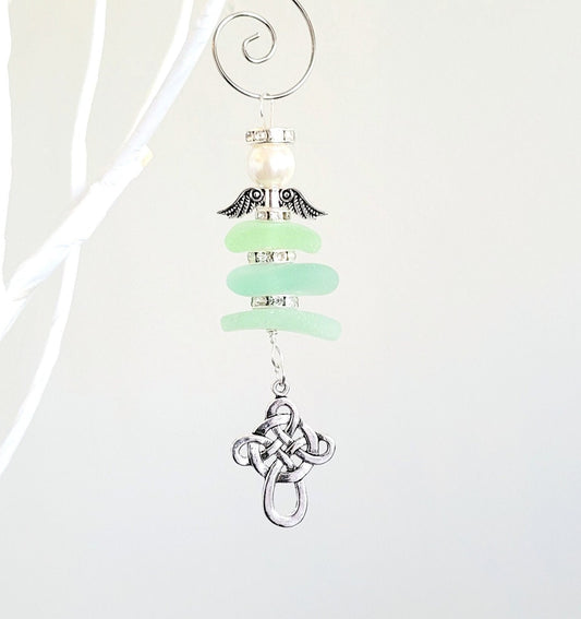 Genuine Sea Glass Angel Sun Catcher with celtic cross/Angel Car Charm/Angel Pendant/Angel Ornament/Angel Gift/Religious Gift/Gift for Her