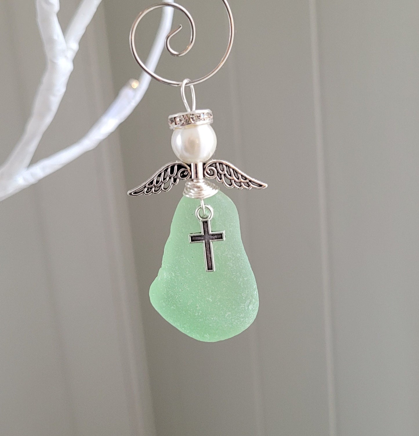 Genuine Sea Glass Angel with cross/Easter Angel/Angel Car Charm/Angel Pendant/Angel Ornament/Angel Gift/First Communion