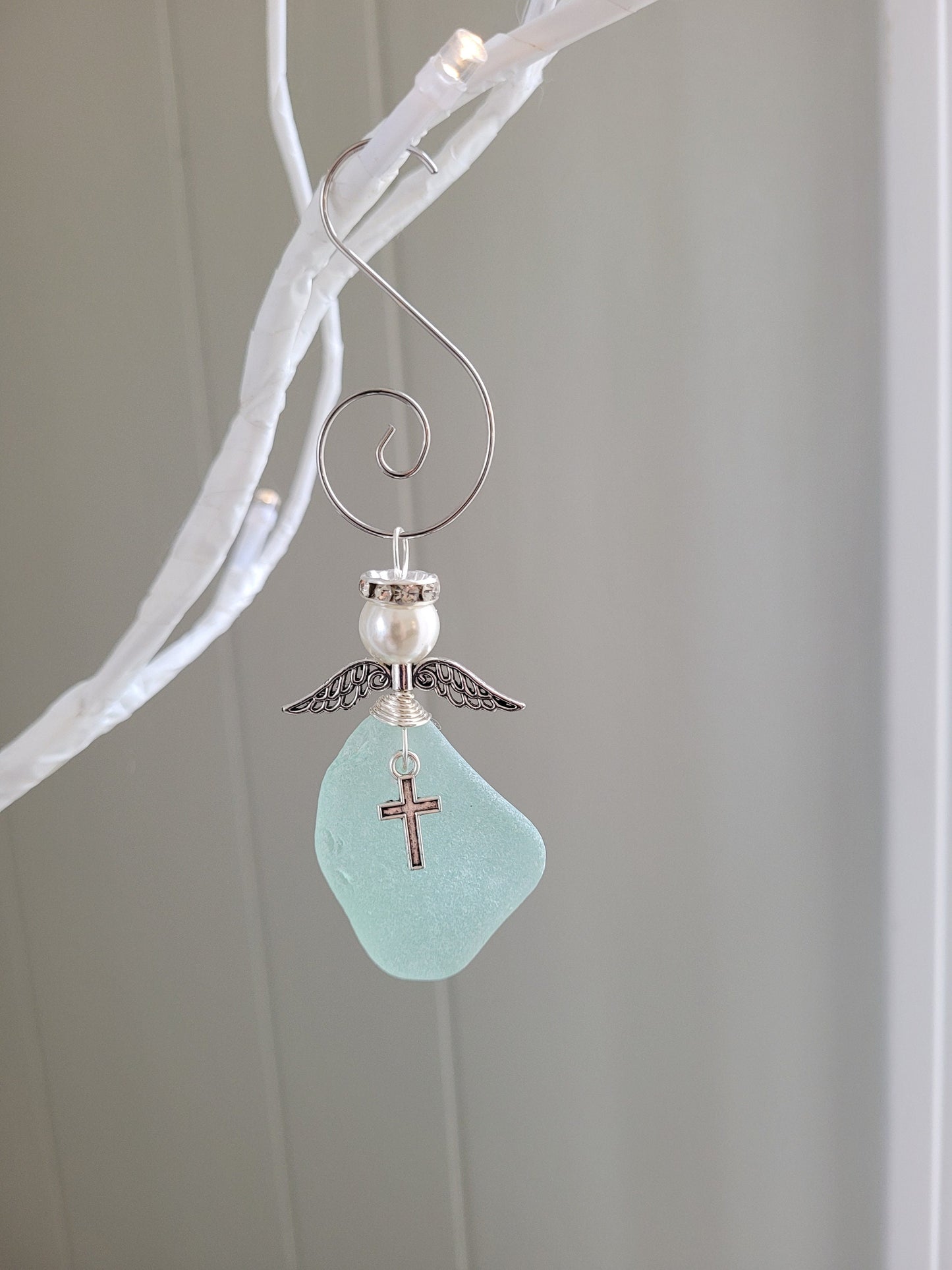 Genuine Sea Glass Angel with cross/Easter Angel/Angel Car Charm/Angel Pendant/Angel Ornament/Angel Gift/First Communion