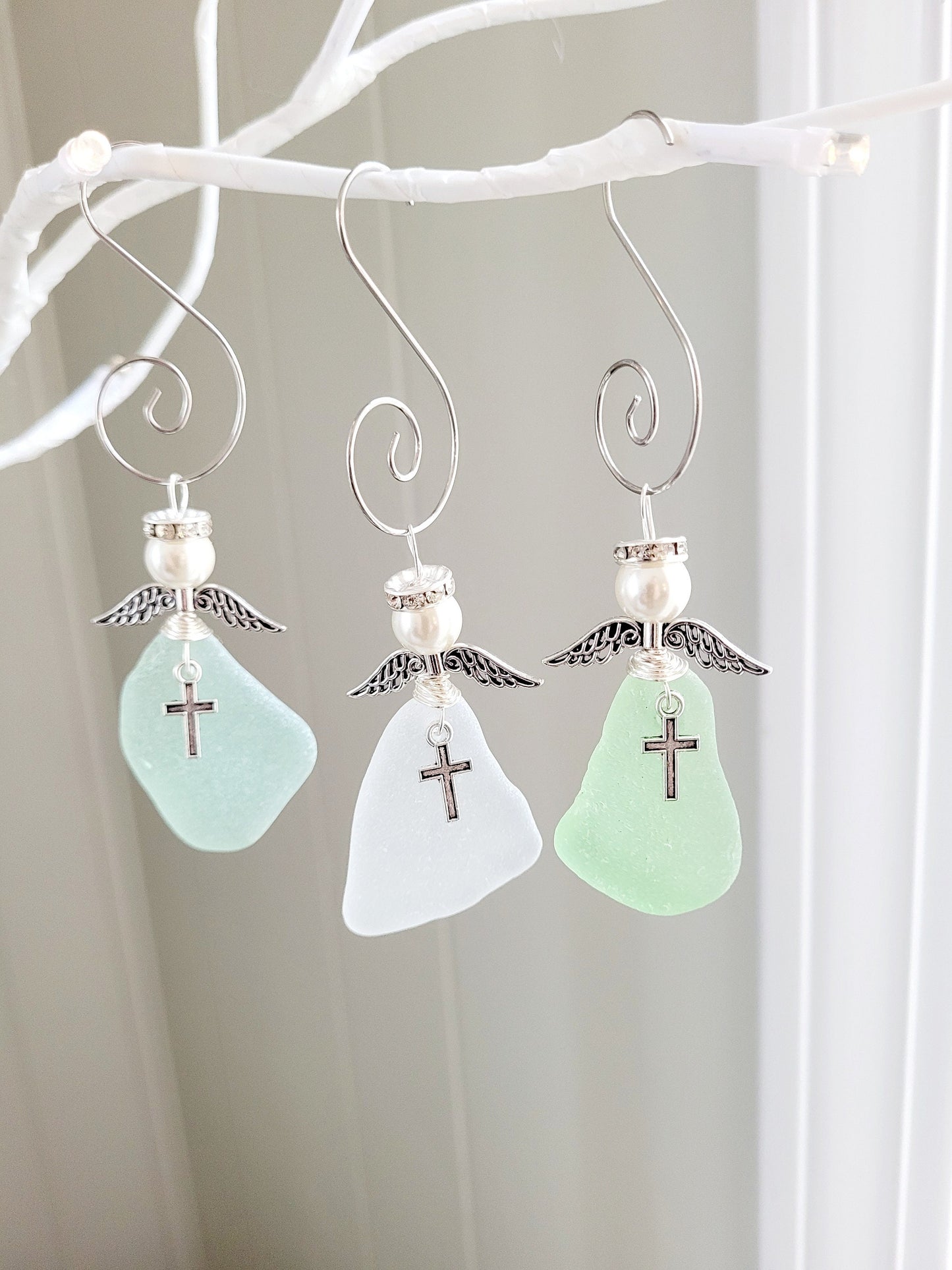 Genuine Sea Glass Angel with cross/Easter Angel/Angel Car Charm/Angel Pendant/Angel Ornament/Angel Gift/First Communion