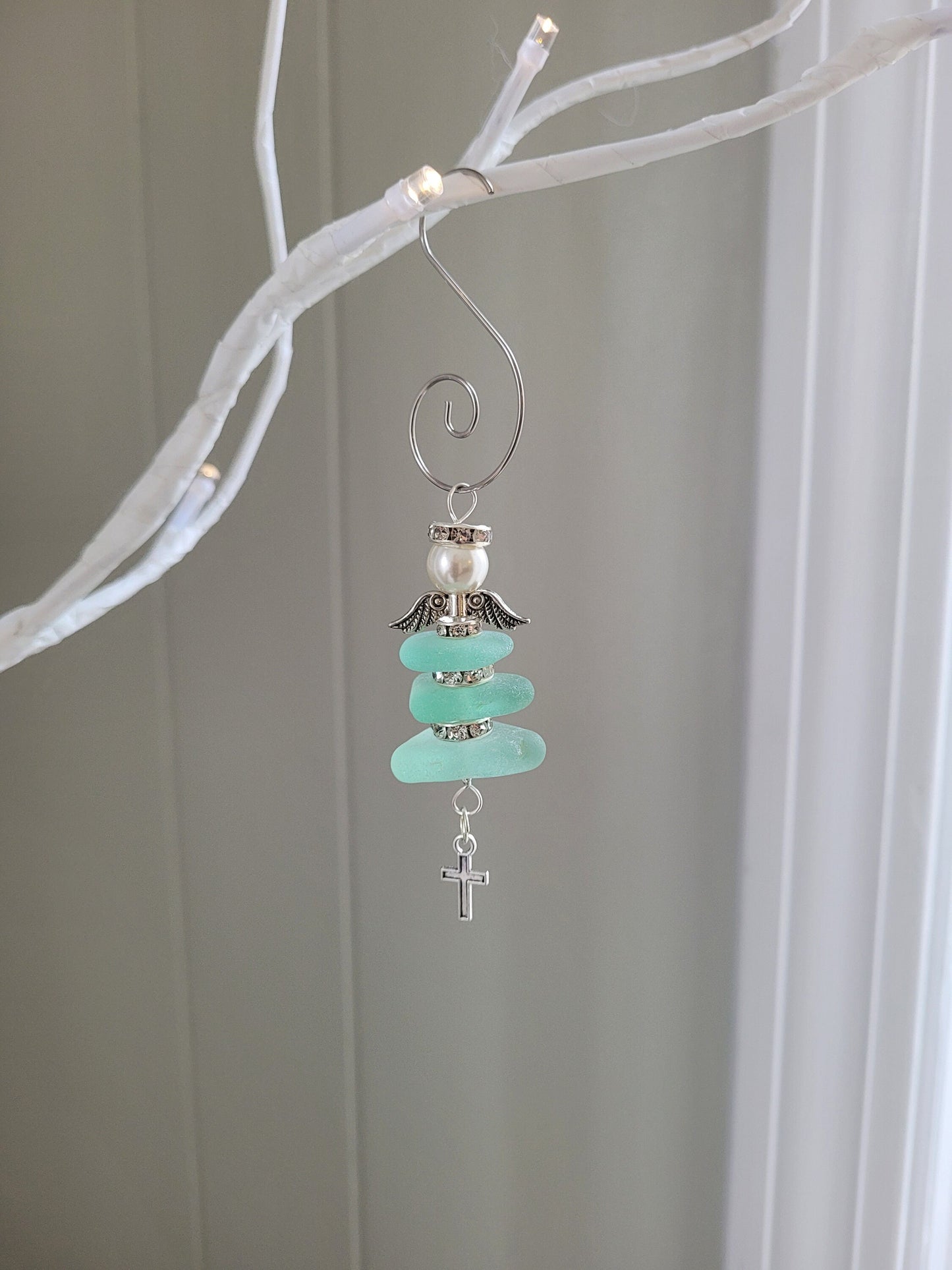 Genuine Sea Glass Angel Sun Catcher with cross/Angel Car Charm/First Communion/Easter Angel Ornament/Angel Gift/Religious Gift/Easter Gift
