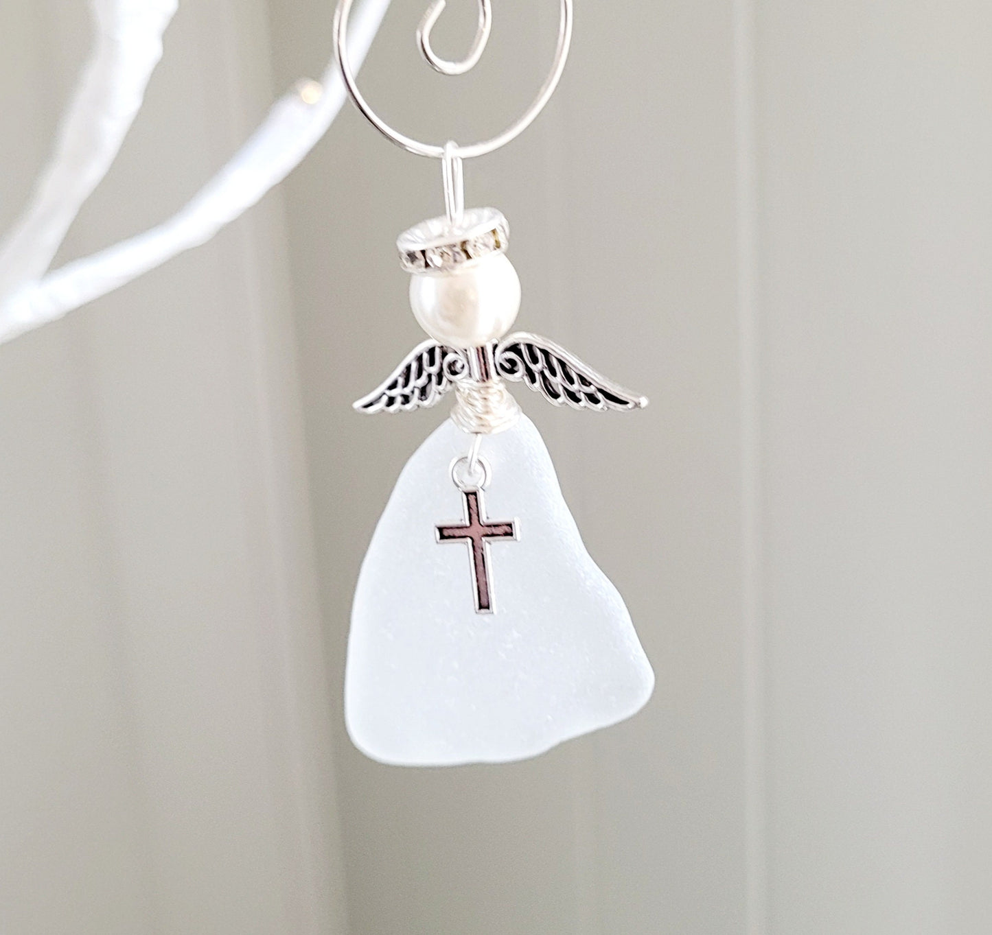 Genuine Sea Glass Angel with cross/Easter Angel/Angel Car Charm/Angel Pendant/Angel Ornament/Angel Gift/First Communion