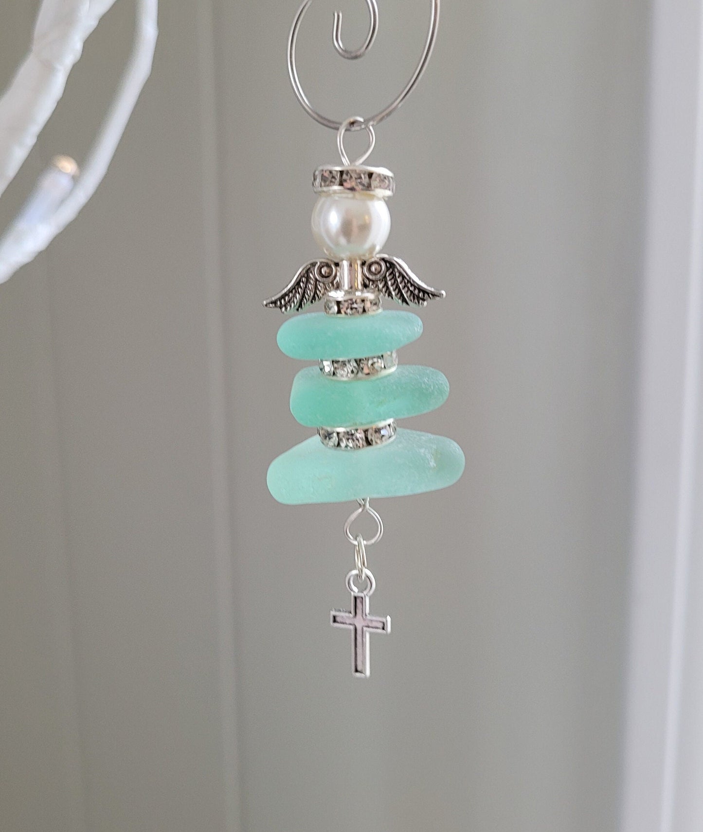 Genuine Sea Glass Angel Sun Catcher with cross/Angel Car Charm/First Communion/Easter Angel Ornament/Angel Gift/Religious Gift/Easter Gift