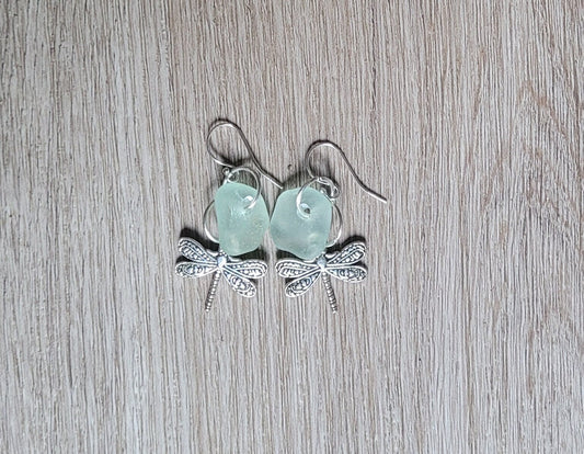 Genuine Sea Glass/Seafoam Sea Glass Earrings/Dragonfly Earrings/Sea Glass and Sterling Silver Earrings/Gift for Her/Nautical Earrings