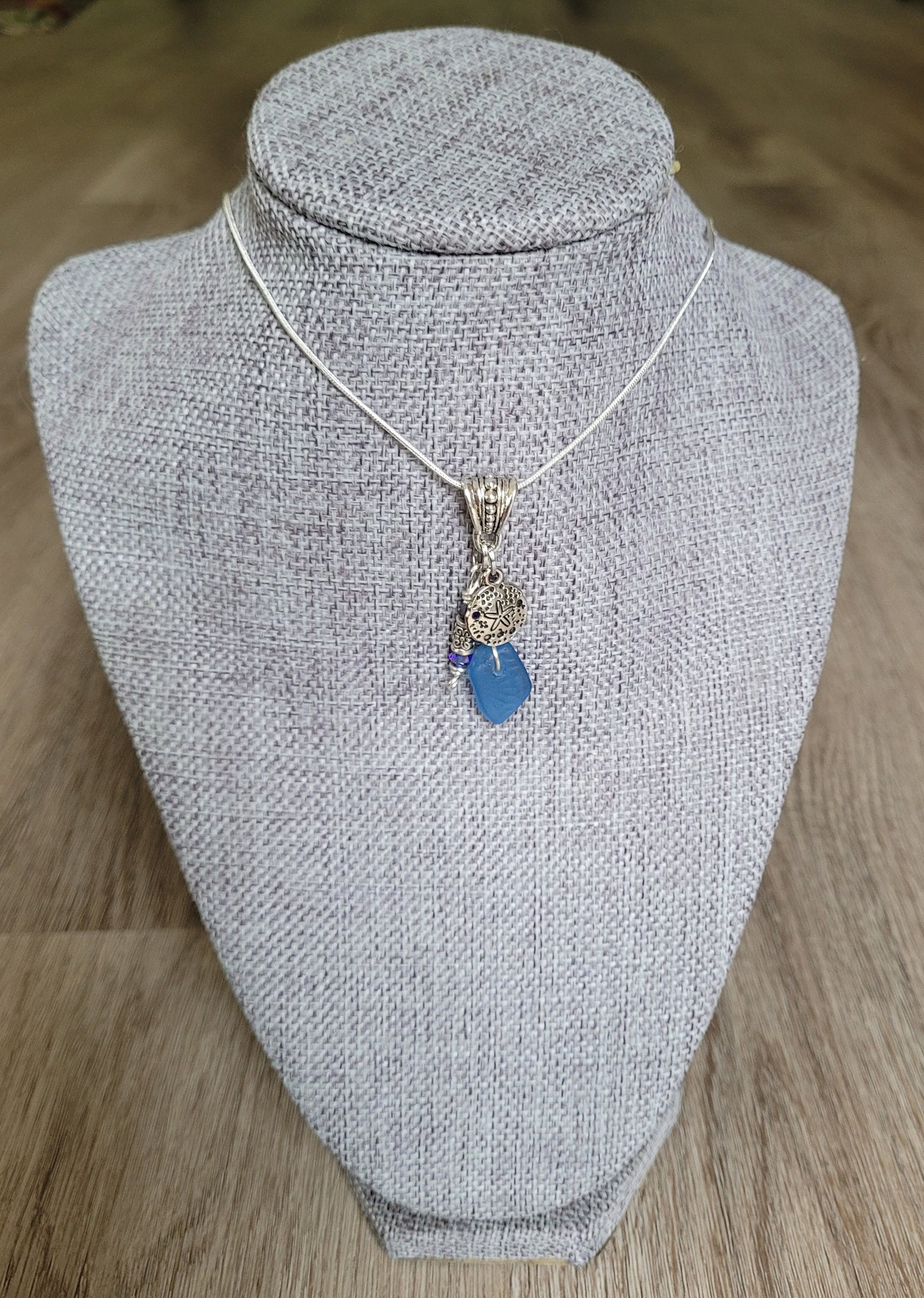 Genuine Sea Glass, Cornflower Blue Sea Glass/Sand Dollar Charm/Sea Glass Pendant Necklace/69