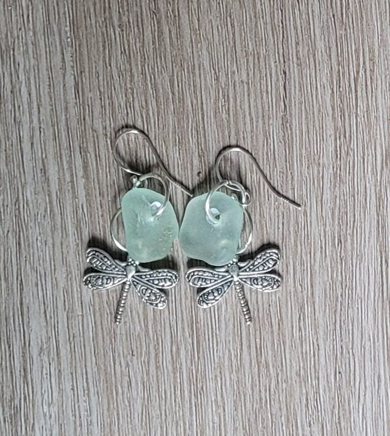 Genuine Sea Glass/Seafoam Sea Glass Earrings/Dragonfly Earrings/Sea Glass and Sterling Silver Earrings/Gift for Her/Nautical Earrings