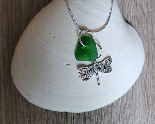 Genuine Sea Glass/Sea Glass Necklace/Dragonfly Charm/Sea Glass Pendant/Red Sea Glass/Coastal Jewelry/Nautical Pendant/Sea Glass Jewelry