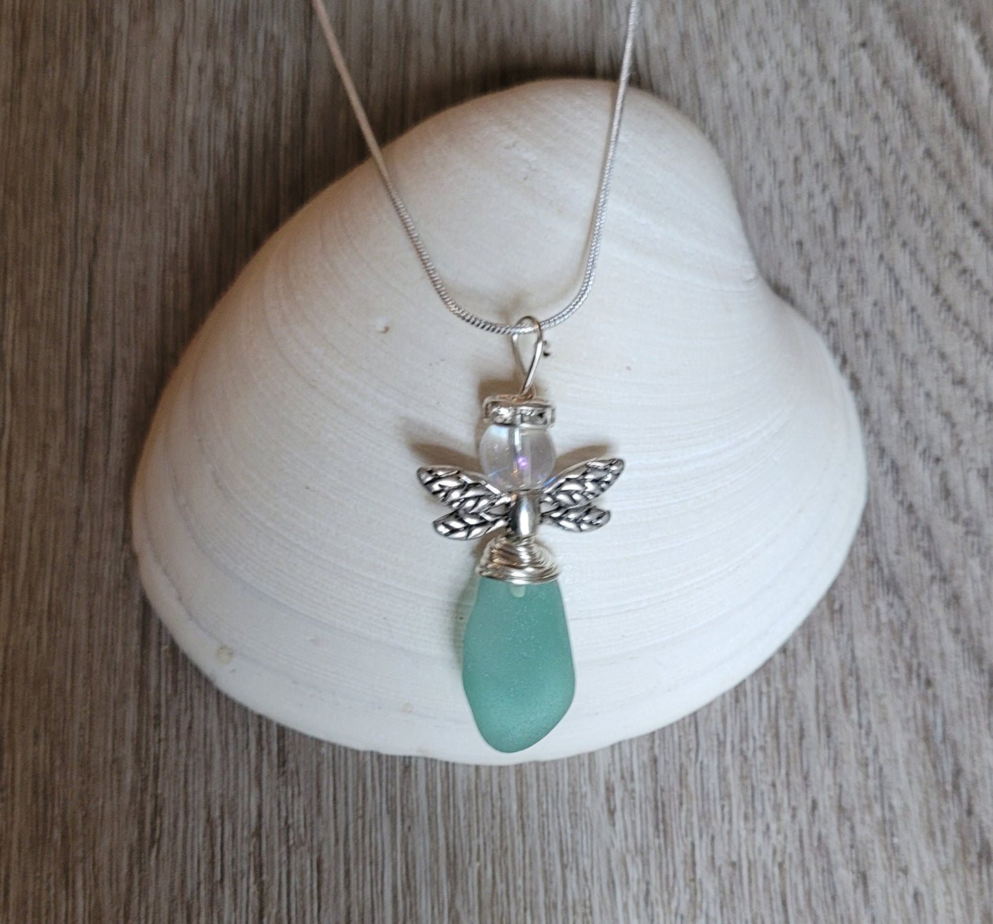 Sea Glass Fairy Necklace/Genuine aqua sea glass/Beach Glass fairy Pendant/Fairy Sun Catcher/Get Well Gift/Gift for a Friend/Gift for Her/105