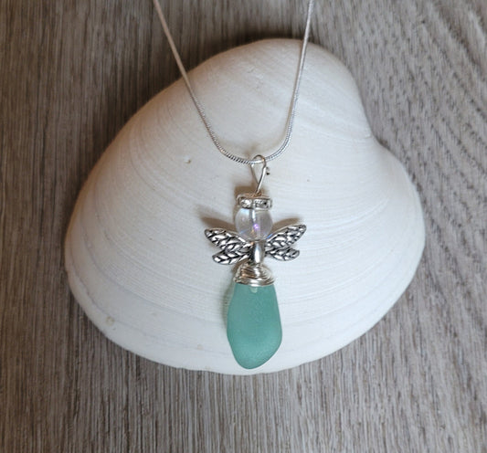 Sea Glass Fairy Necklace/Genuine aqua sea glass/Beach Glass fairy Pendant/Fairy Sun Catcher/Get Well Gift/Gift for a Friend/Gift for Her/105