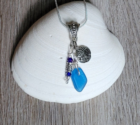 Genuine Sea Glass, Cornflower Blue Sea Glass/Sand Dollar Charm/Sea Glass Pendant Necklace/69