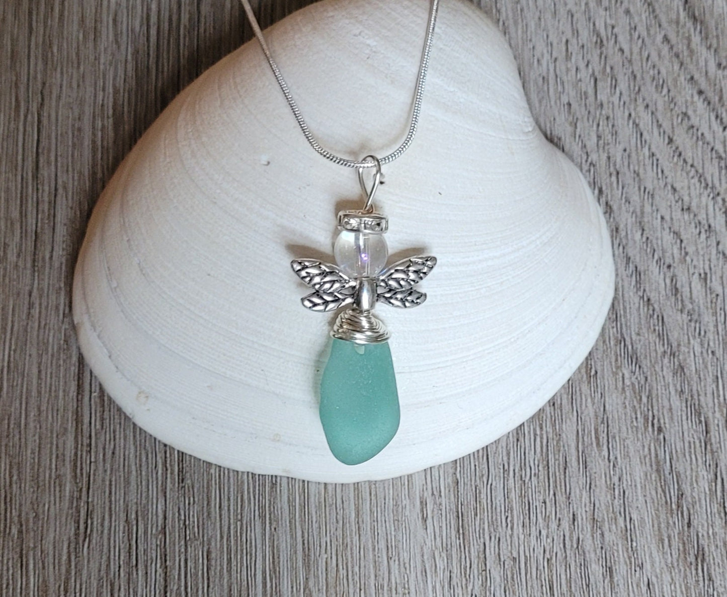 Sea Glass Fairy Necklace/Genuine aqua sea glass/Beach Glass fairy Pendant/Fairy Sun Catcher/Get Well Gift/Gift for a Friend/Gift for Her/105