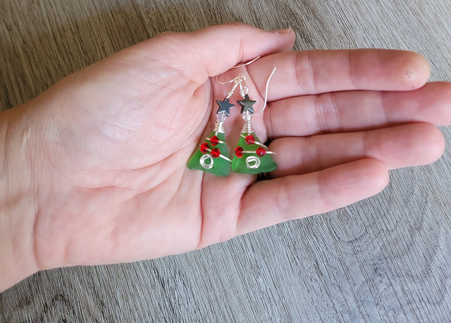 Made to Order/Sterling Silver Hooks/Genuine Sea Glass Christmas Tree Earrings/Coastal Earrings/Beach Earrings