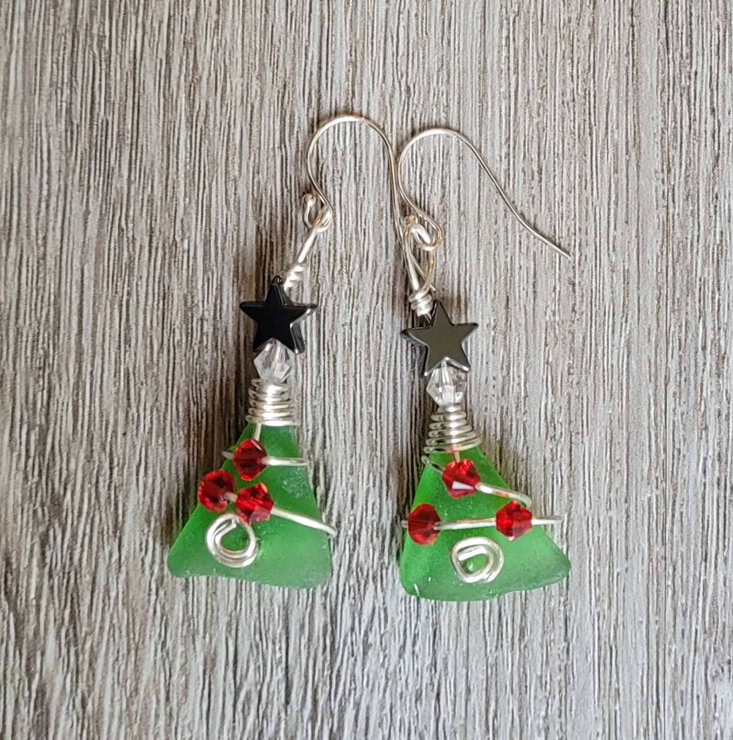 Made to Order/Sterling Silver Hooks/Genuine Sea Glass Christmas Tree Earrings/Coastal Earrings/Beach Earrings