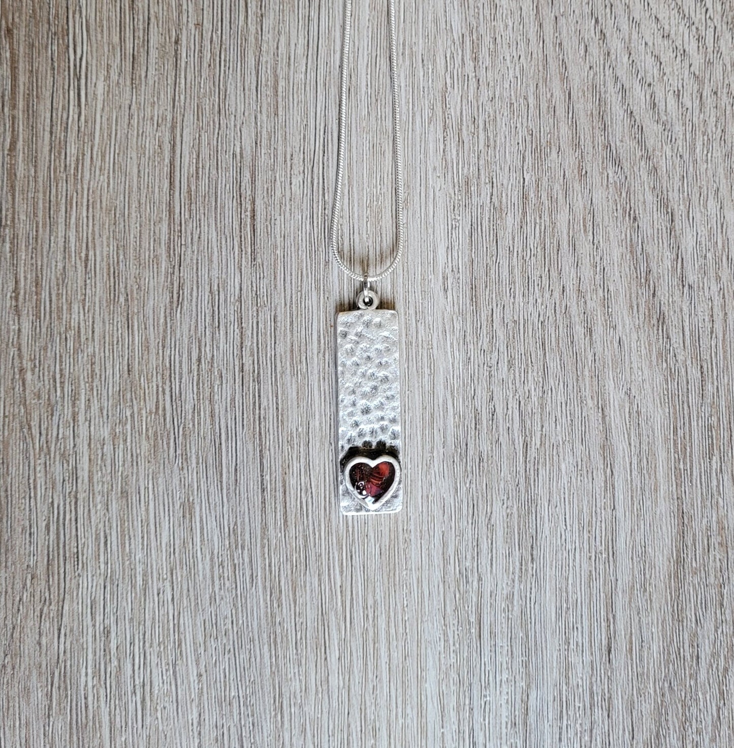Valentine's Day Necklace/Resin Glass Necklace/Hammered Silver Heart Necklace/Red Heart Necklace