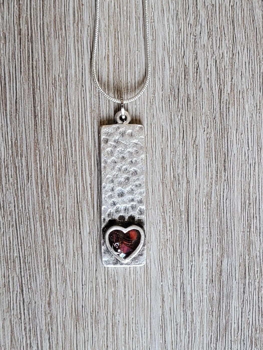 Valentine's Day Necklace/Resin Glass Necklace/Hammered Silver Heart Necklace/Red Heart Necklace