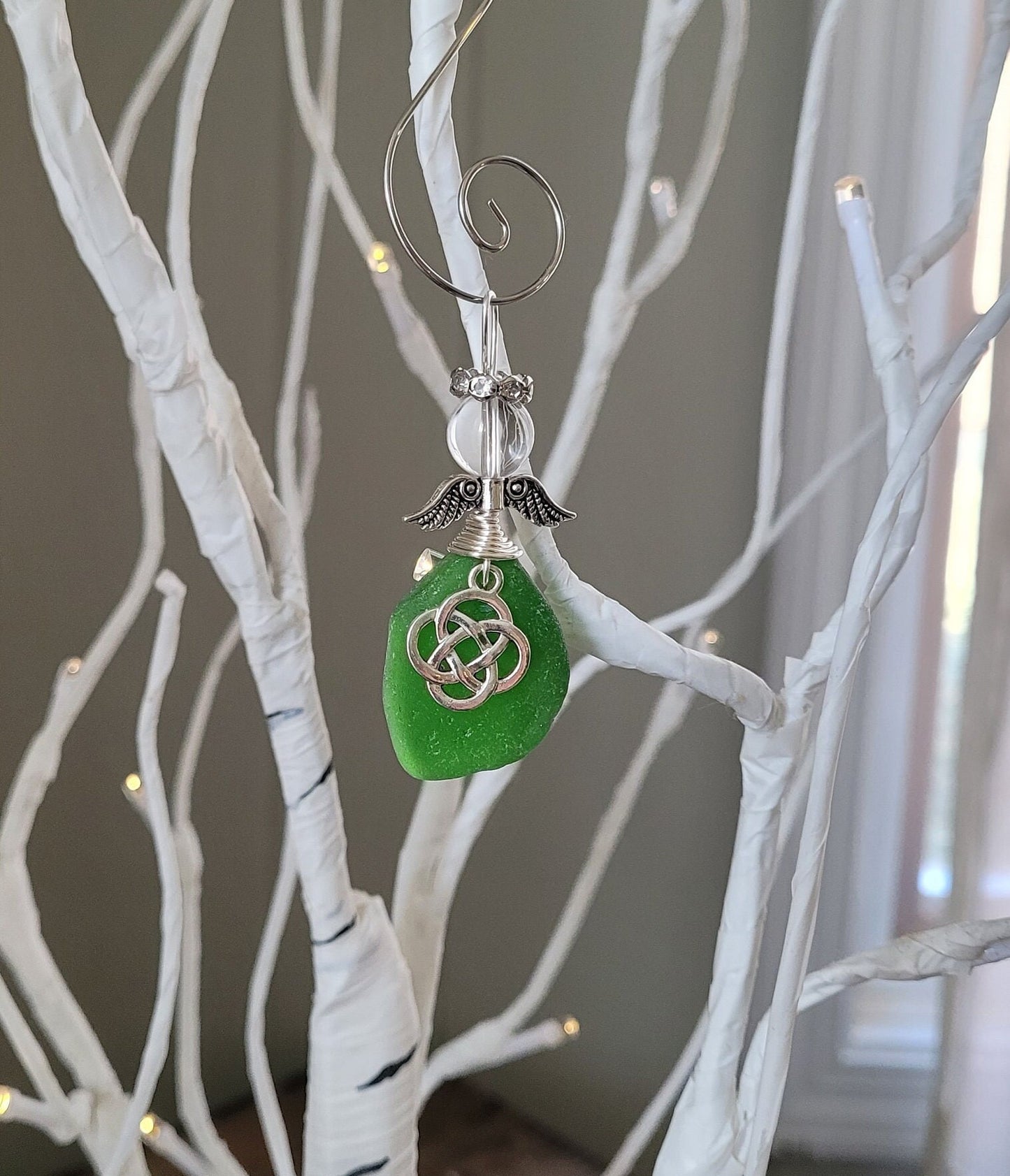 Genuine Sea Glass Angel Sun Catcher with celtic cross/Angel Car Charm/Angel Pendant/Angel Ornament/Angel Gift/Religious Gift/Gift for Her/6c