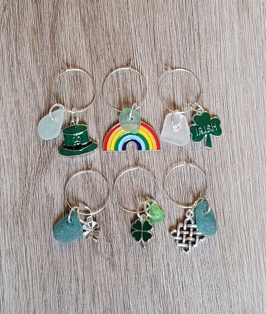 St. Patrick's Day Sea Glass Wine Charms/Nautical Wine Charms/Genuine Sea Glass/Gift for her/Unique Gift/Housewarming Gift