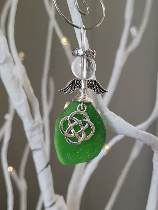 Genuine Sea Glass Angel Sun Catcher with celtic cross/Angel Car Charm/Angel Pendant/Angel Ornament/Angel Gift/Religious Gift/Gift for Her/6c