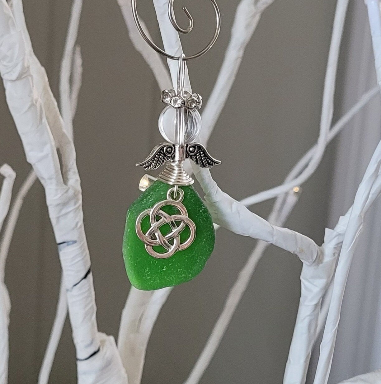 Genuine Sea Glass Angel Sun Catcher with celtic cross/Angel Car Charm/Angel Pendant/Angel Ornament/Angel Gift/Religious Gift/Gift for Her/6c