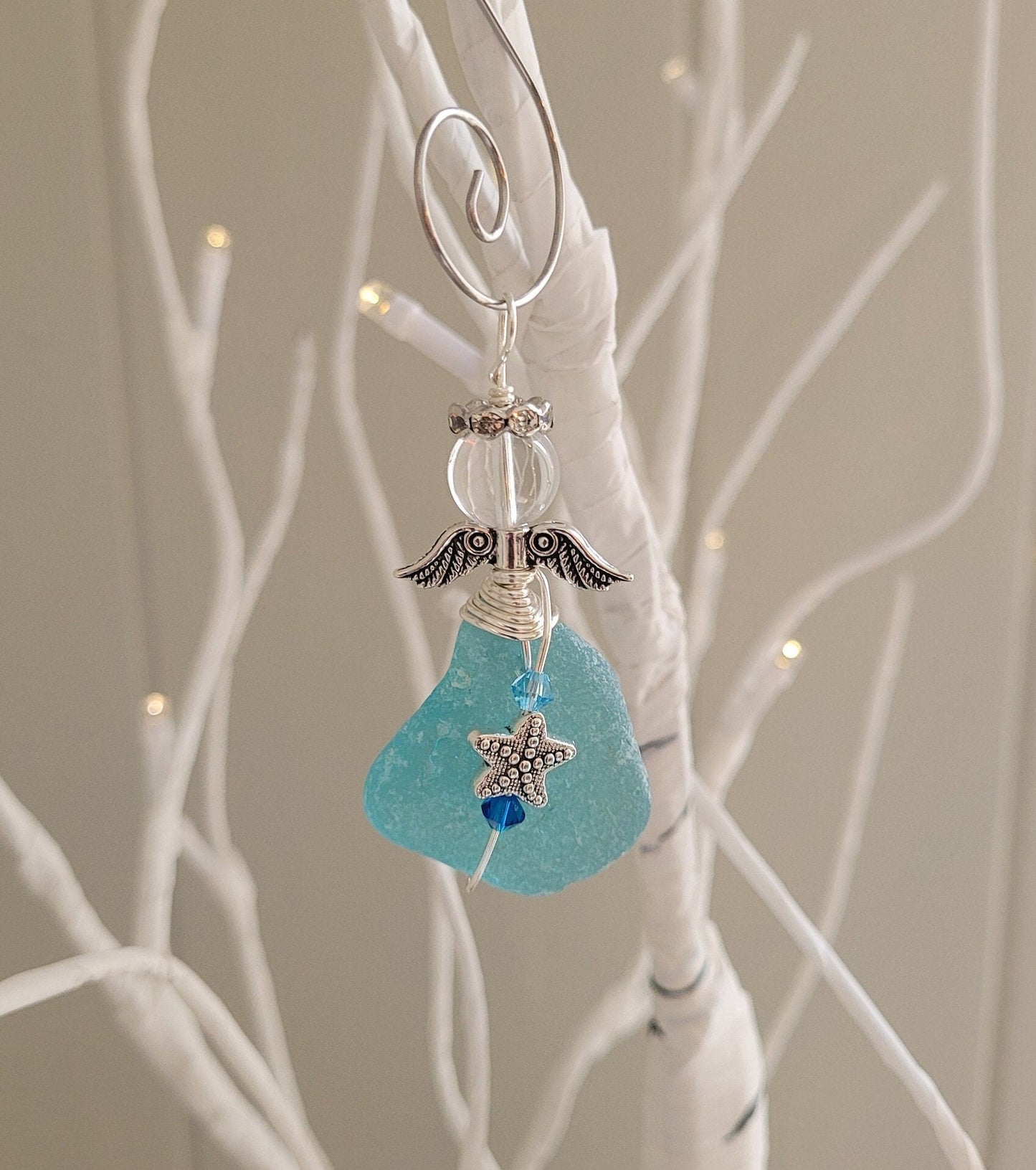 Genuine Sea Glass Angel with star/Angel Car Charm/Angel Pendant/Angel Ornament/Angel Gift/Gift for Her