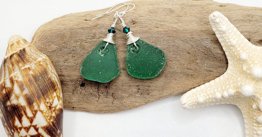 Genuine Sea Glass/Green Sea Glass Earrings/Swarovski Crystals/Sea Glass and Sterling Silver Earrings/Gift for Her