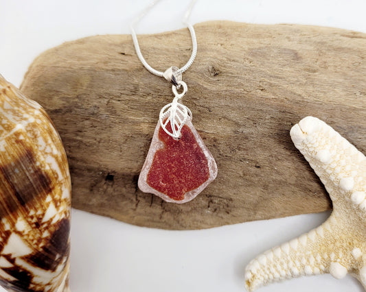 Genuine Sea Glass/Sea Glass/Red Flash Glass Sea Glass Pendant/Genuine Sea Glass Jewelry/3A