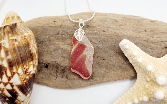 Genuine Sea Glass/Sea Glass/Red Flash Glass Sea Glass Pendant/Genuine Sea Glass Jewelry/4A