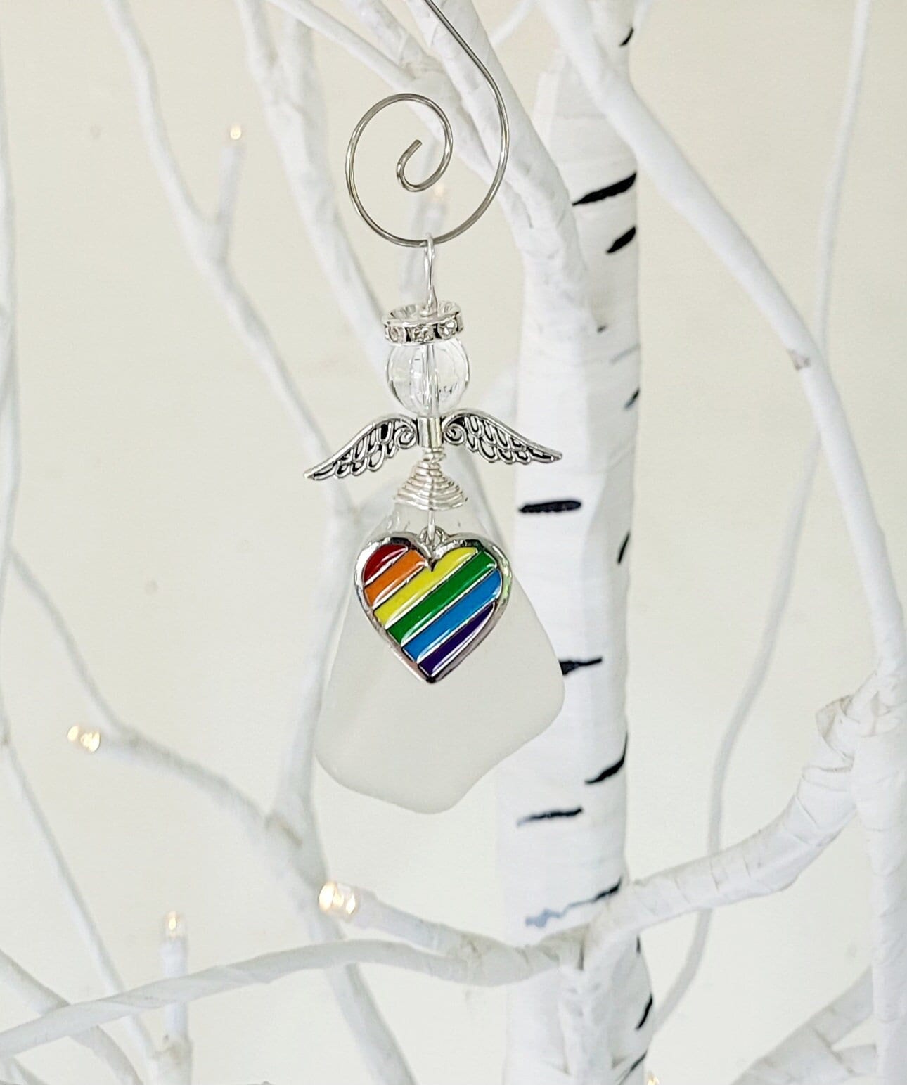 Genuine Sea Glass Angel with Rainbow Heart Charm