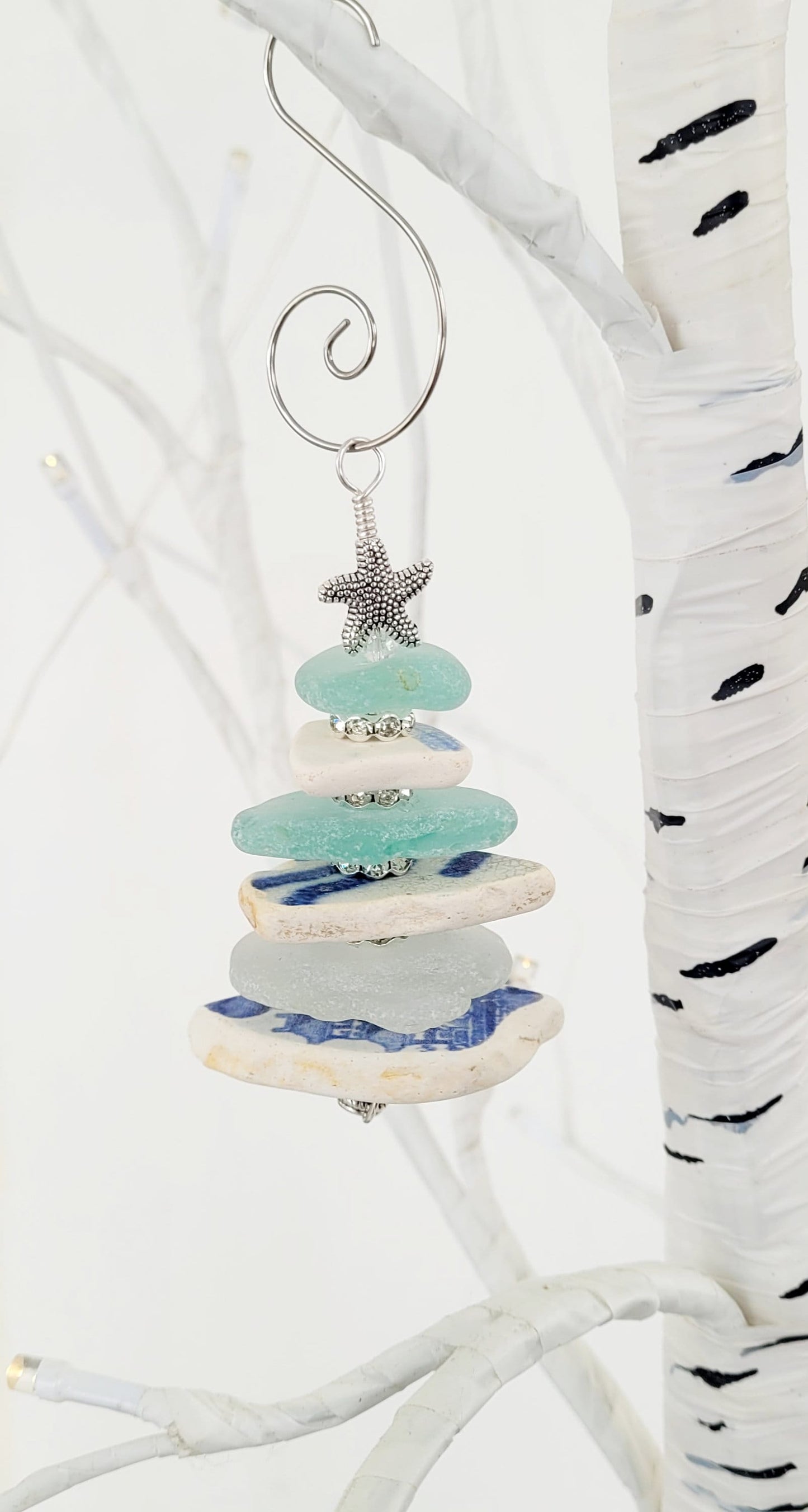 Sea Glass Christmas Tree Ornament/Sea Glass Pine Tree Ornament/Sea Pottery/Genuine Sea Glass Tree Ornament
