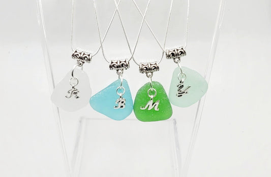 Genuine Sea Glass Necklace with Letter Initial/personalized Necklace/Personalized Sea Glass Pendant/Sea Glass Gift