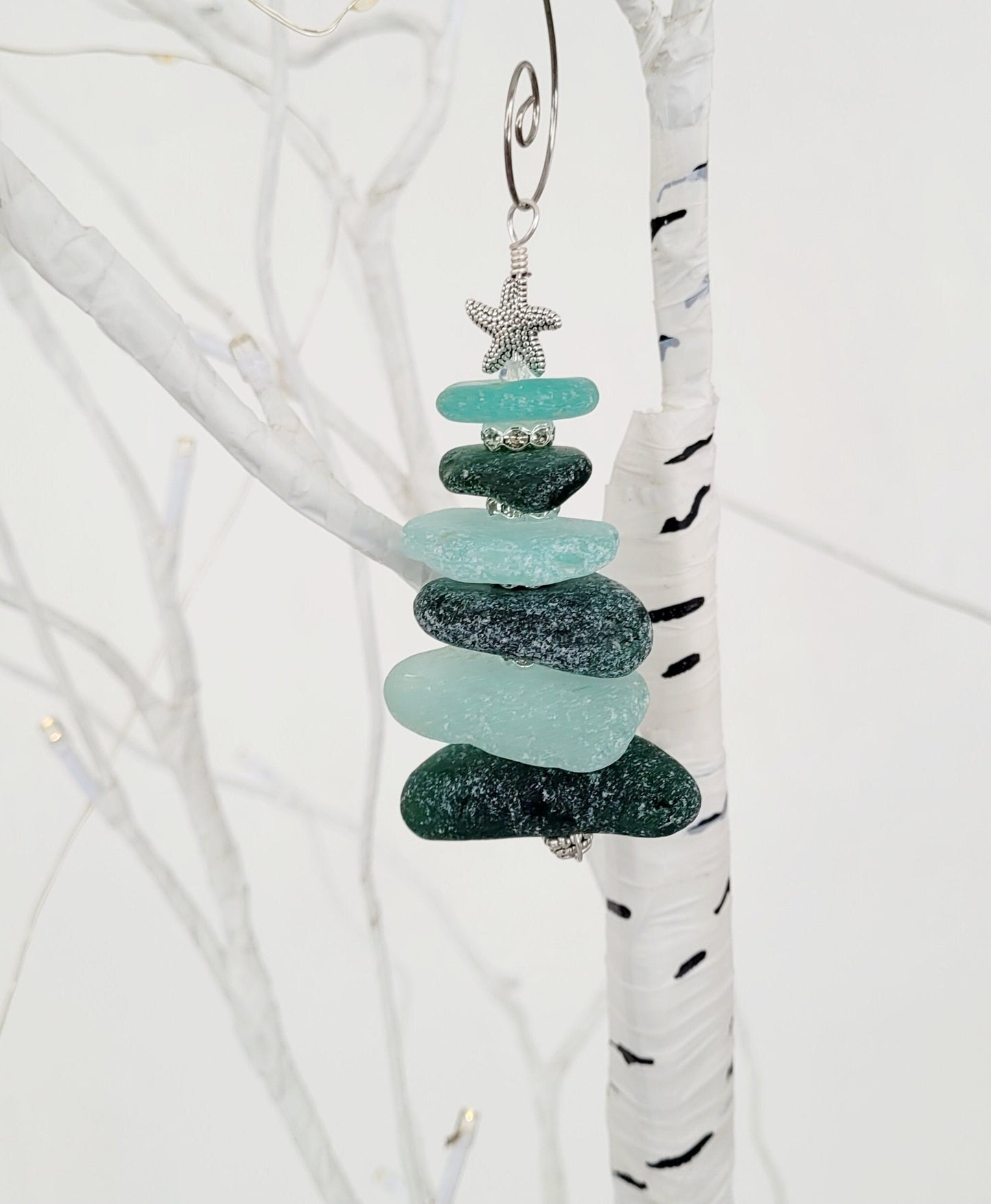 Sea Glass Christmas Tree Ornament/Green and Aqua Sea Glass/Sea Glass Pine Tree Ornament/Genuine Sea Glass Tree Ornament