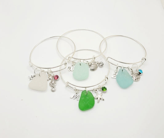 Genuine Sea Glass Bracelet/Sea Glass Bangle Bracelet/Personalized Sea Glass Bracelet/Birthstone Bracelet/Sea Glass Charm Bracelet