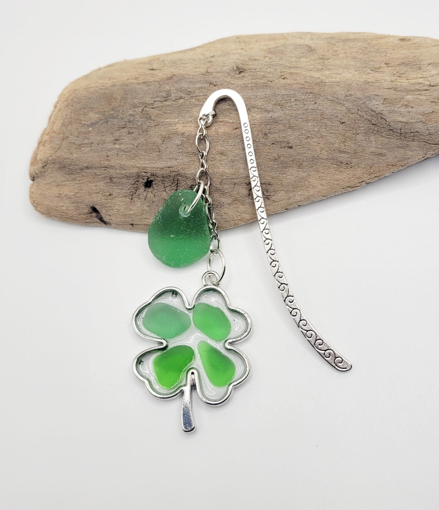 Genuine Sea Glass Bookmark/4-Leaf Clover Sea Glass Pendant/St. Patrick's Day/Sea Glass Gift