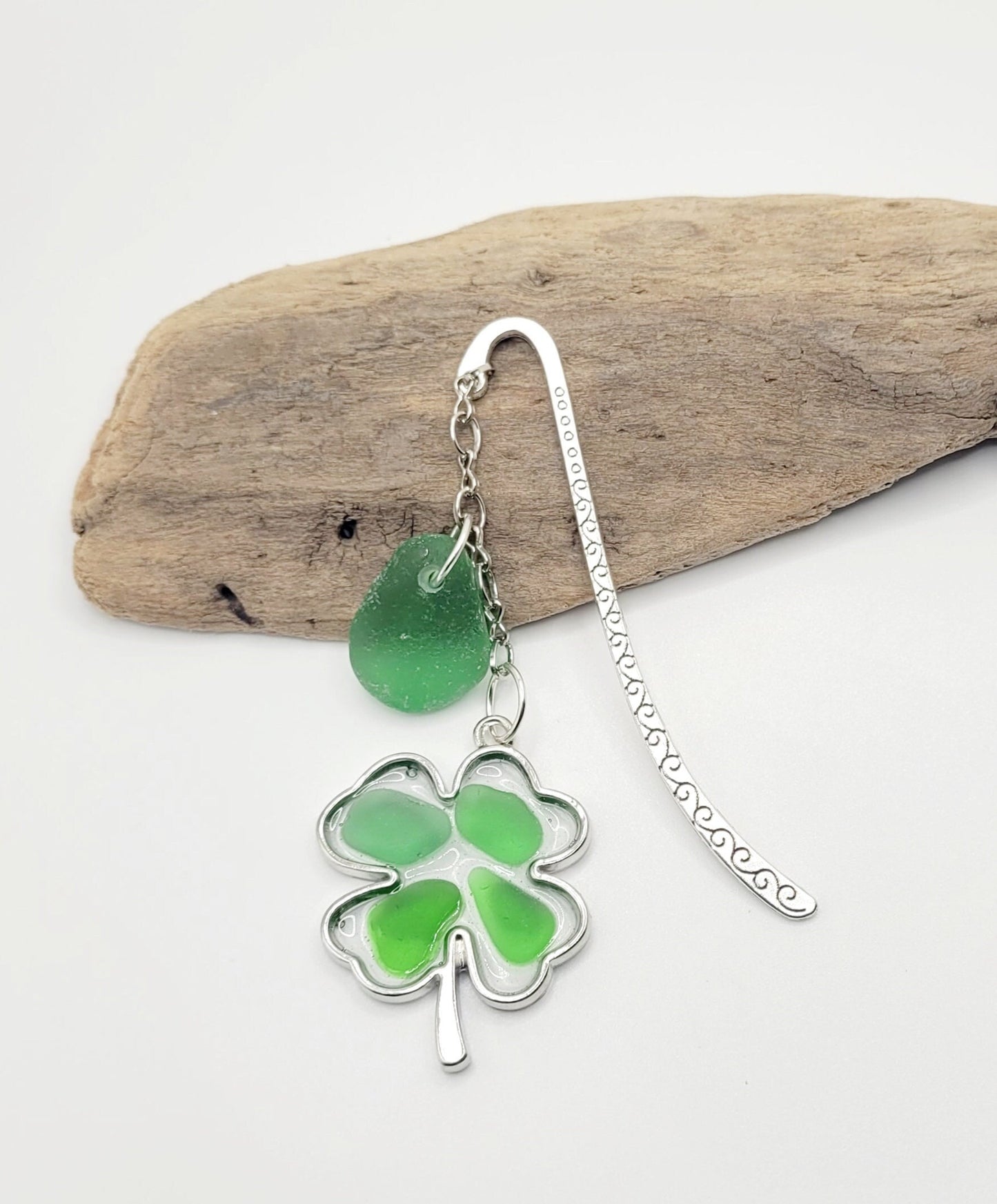 Genuine Sea Glass Bookmark/4-Leaf Clover Sea Glass Pendant/St. Patrick's Day/Sea Glass Gift