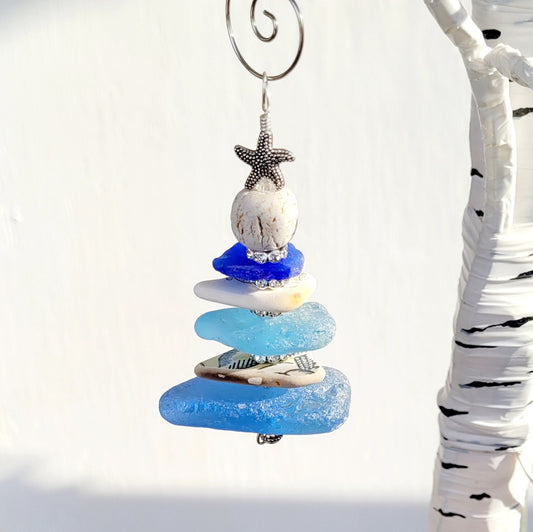 Sea Glass Christmas Tree Ornament/Sea Glass Pine Tree Ornament/Rare Blue Sea Glass/Genuine Sea Glass Tree Ornament