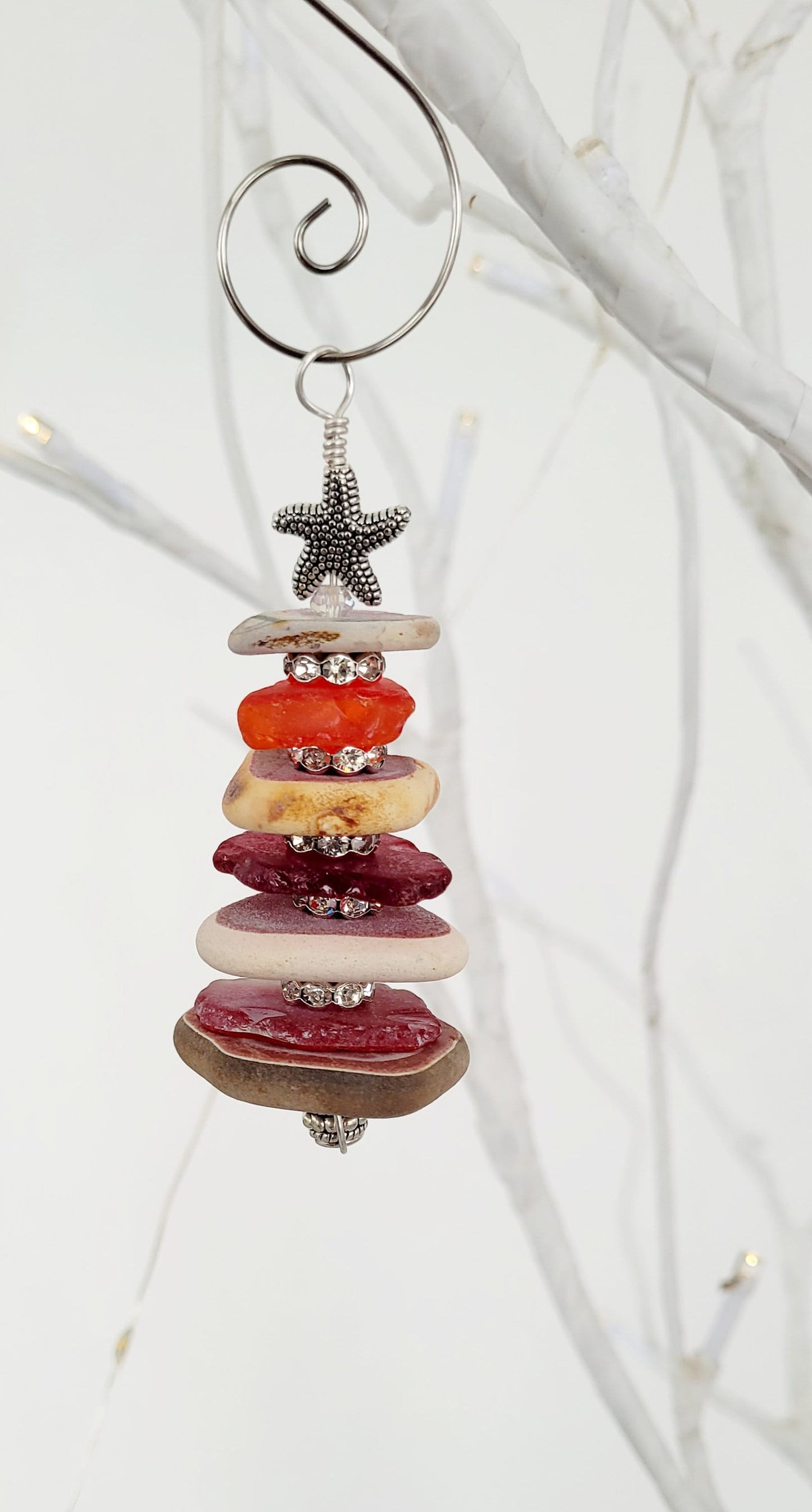 Sea Glass Christmas Tree Ornament/Rare Red Sea Glass/Sea Glass Pine Tree Ornament/Sea Pottery/Genuine Sea Glass Tree Ornament