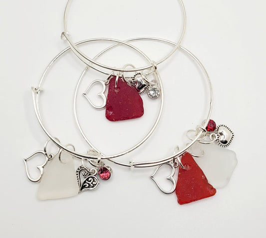 Genuine Sea Glass Bracelet/Sea Glass Valentine's Day/Rare Red Sea Glass/Sea Glass and Heart Charm/Valentine's Day Gift