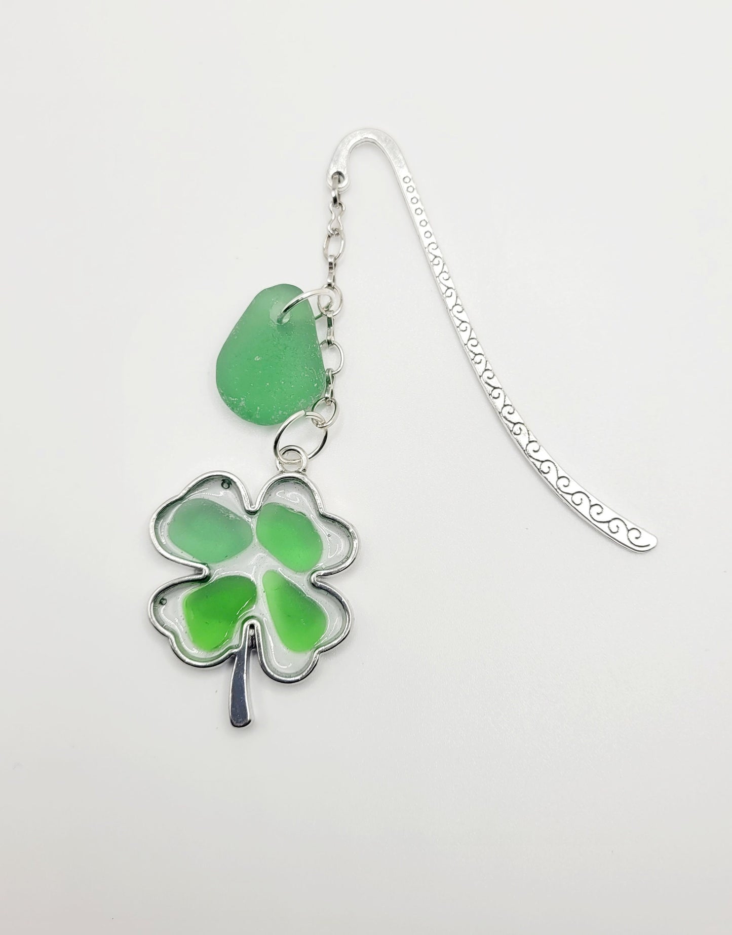 Genuine Sea Glass Bookmark/4-Leaf Clover Sea Glass Pendant/St. Patrick's Day/Sea Glass Gift